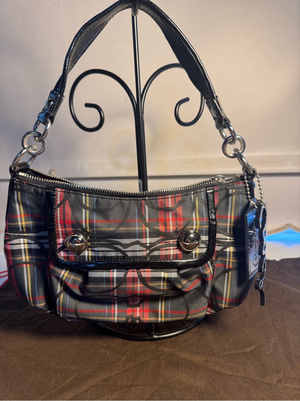 Coach Poppy 2-Way Canvas Shoulder Bag Multi-Color Black Red 12" x 7" x 3"